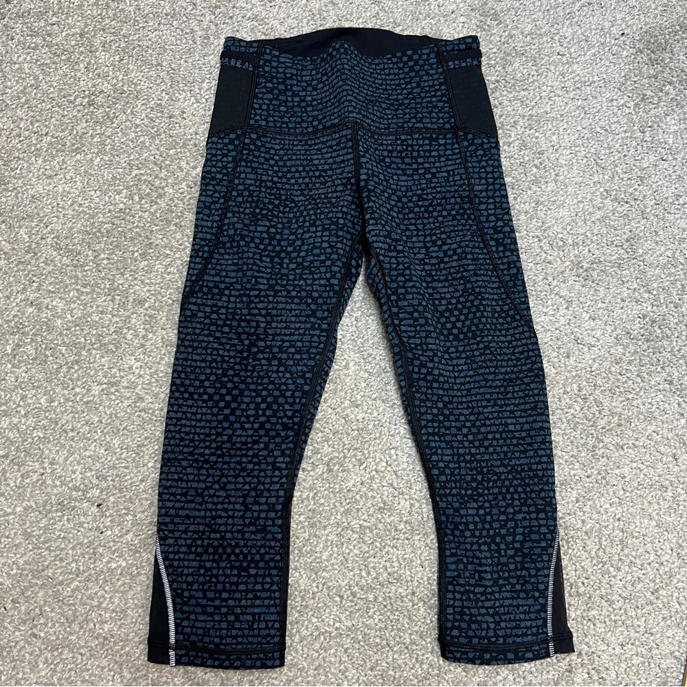 Lululemon Leggings Women 4 Side Mesh Pockets Reflective Blue Black Capri Cropped